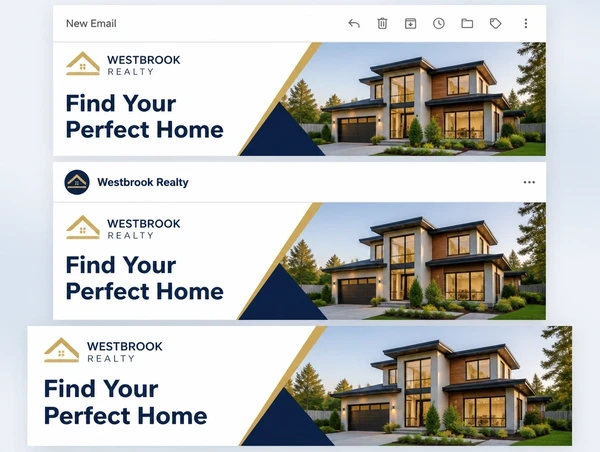 The same real estate logo, colours and headline across an email, a post and a page