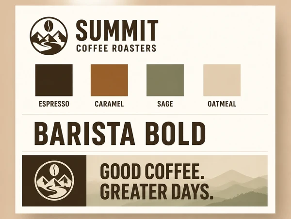 A brand sheet for a coffee roastery with the logo, four colour swatches and a matching advert