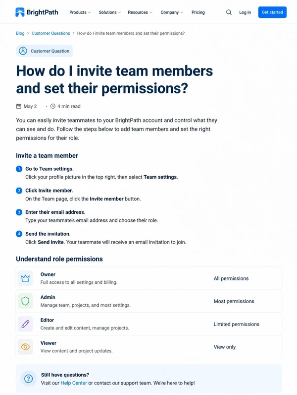 Business blog article page built around a customer question