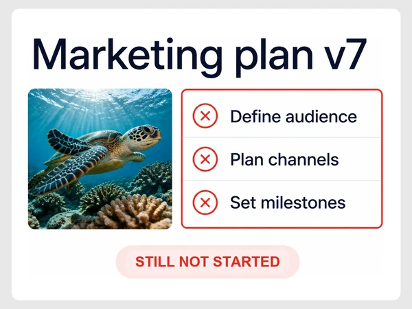 Coral Reach Dive Resort's Marketing plan v7 has three unchecked tasks marked with red X symbols.