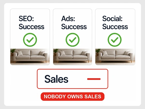 Oakline Furniture has successful SEO, ads, and social reports but no sales figure or owner.