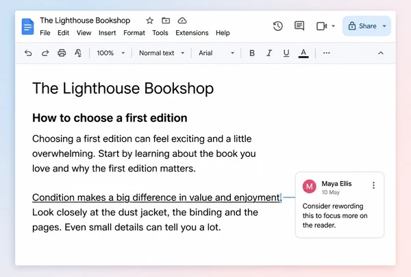 A Google Doc article draft for a bookshop with an editing comment in the margin