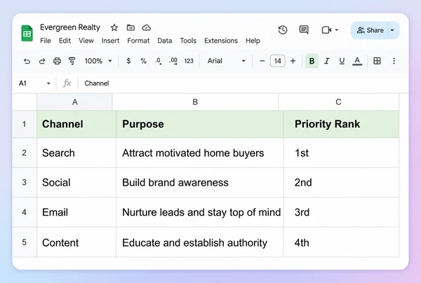 A Google Sheets plan ranking search, social, email and content with what each one is for