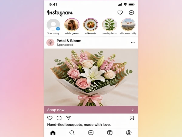 An Instagram sponsored post for a florist showing a bouquet with a shop now button
