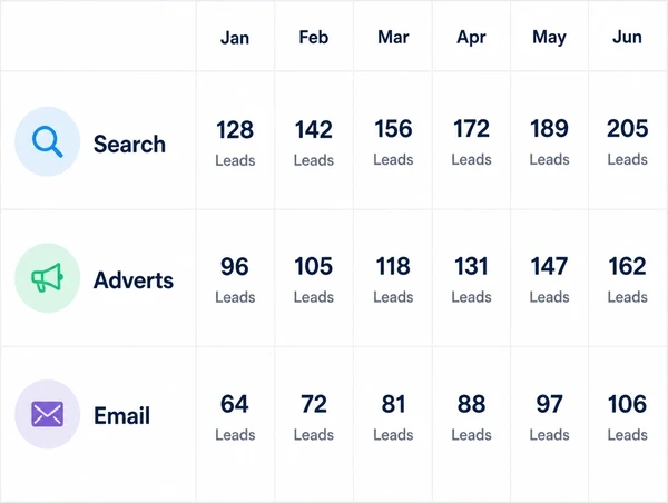 A marketing overview screen comparing a florist's leads from search, adverts and email month by month.