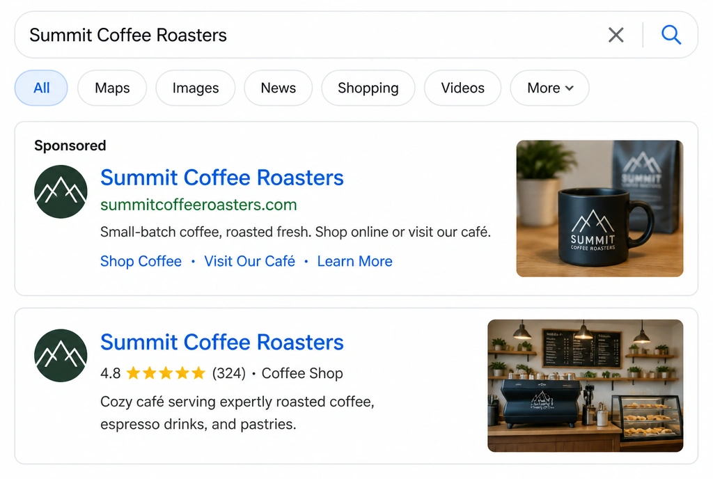 Search results page showing a business in both the ads and the listings