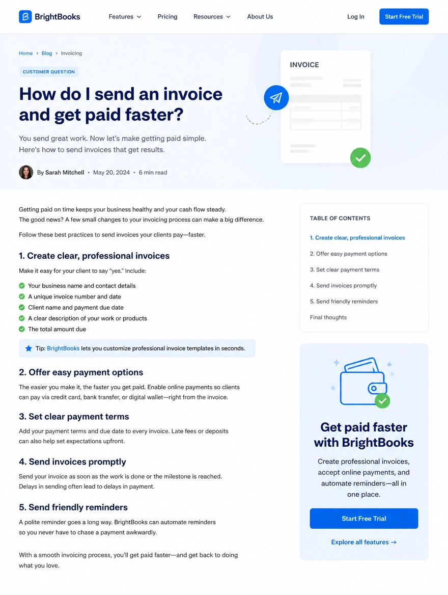 Business blog article page built around a customer question
