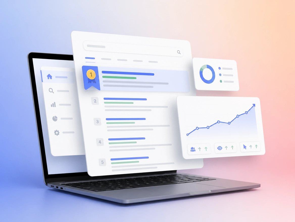 Website mockup showing search and seo