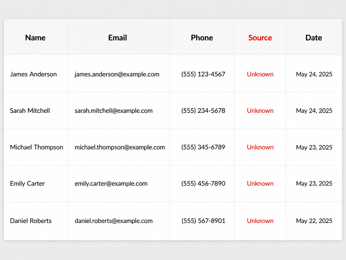 Analytics screen with no source recorded against the leads