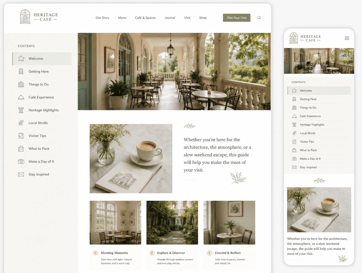 Website mockup showing content