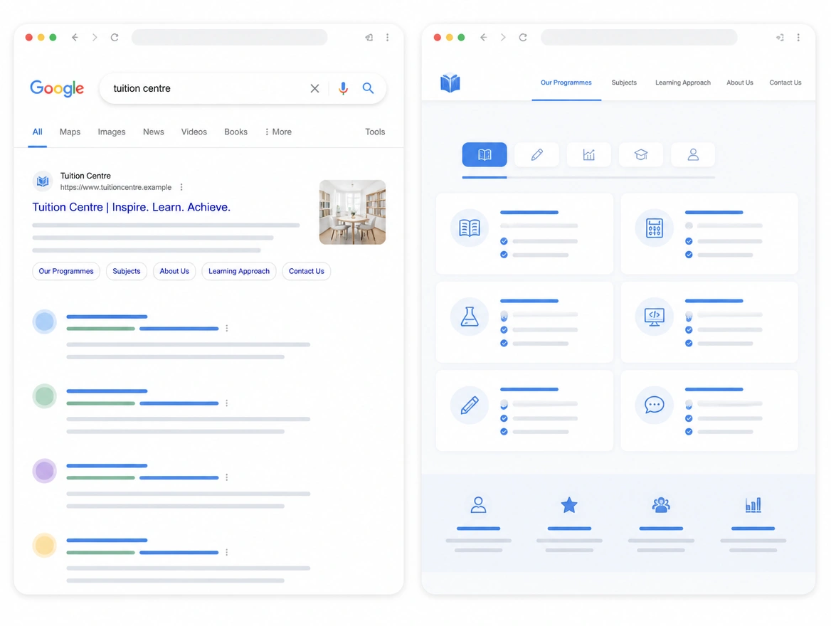 Website mockup showing search and local