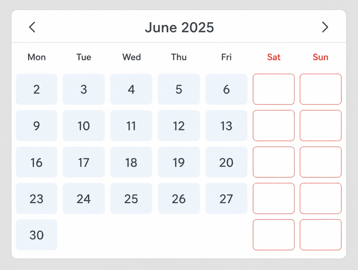 A booking calendar with weekend days empty while weekdays are filled