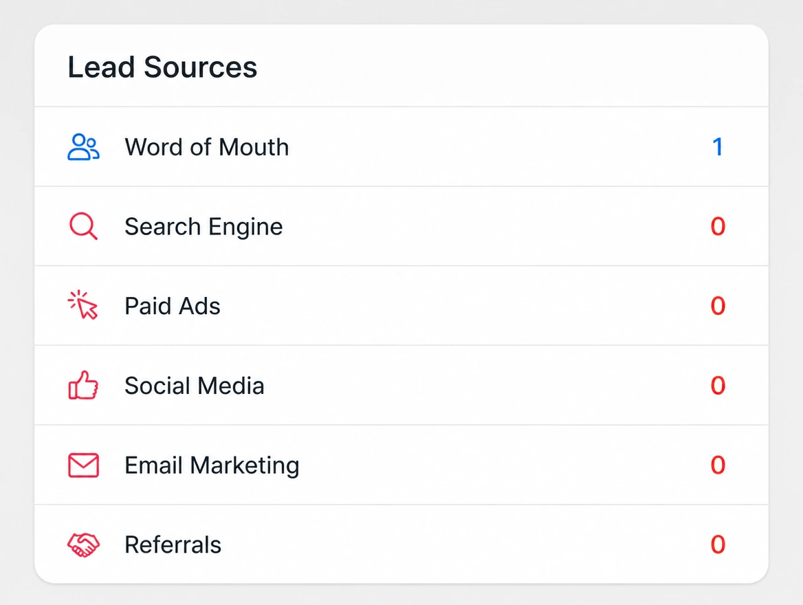 A lead sources panel where word of mouth is the only source with results