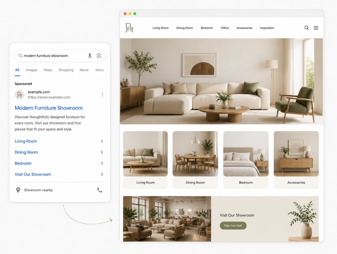 Website mockup showing paid ads