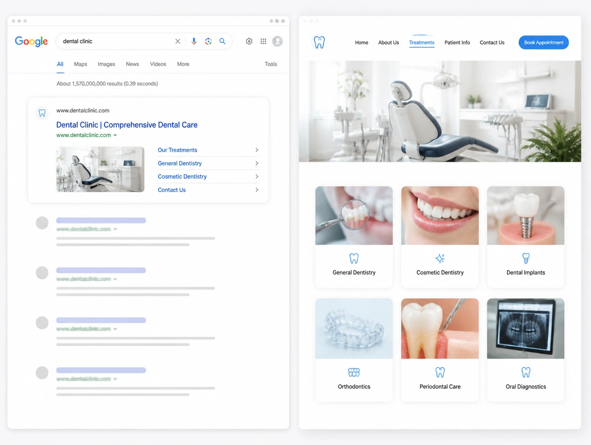 Website mockup showing search and local