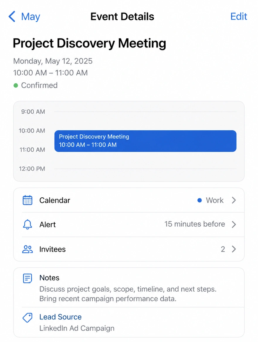 A phone showing a meeting request confirmed with the channel that brought it