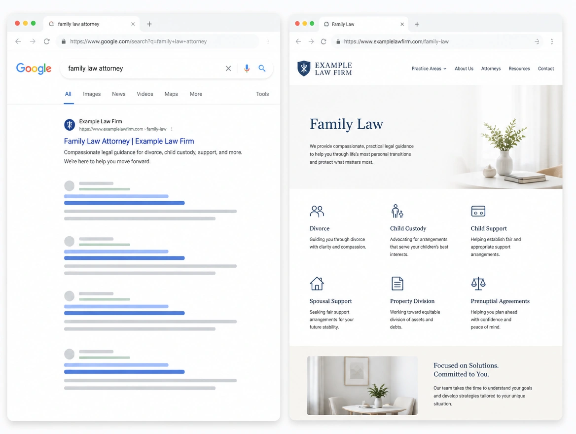 Website mockup showing search and seo