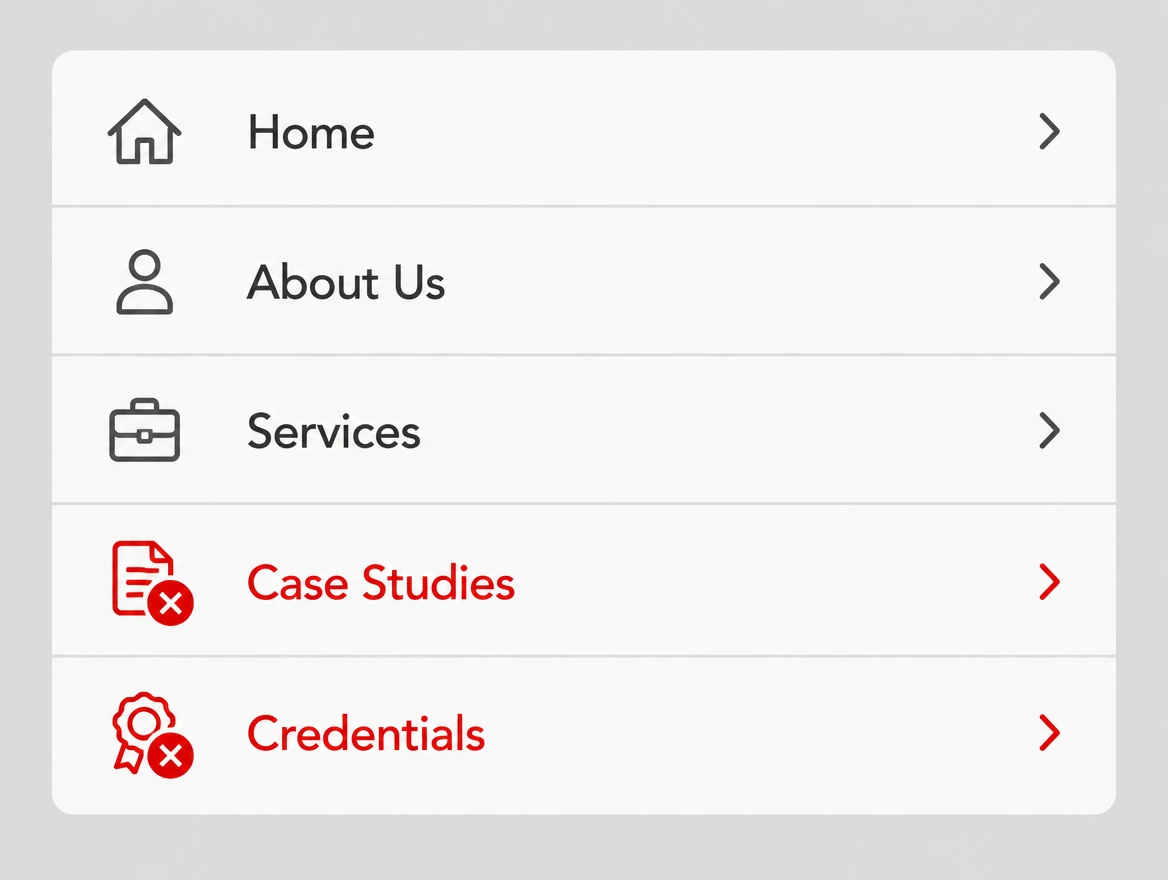 A website menu with the case studies and credentials pages missing