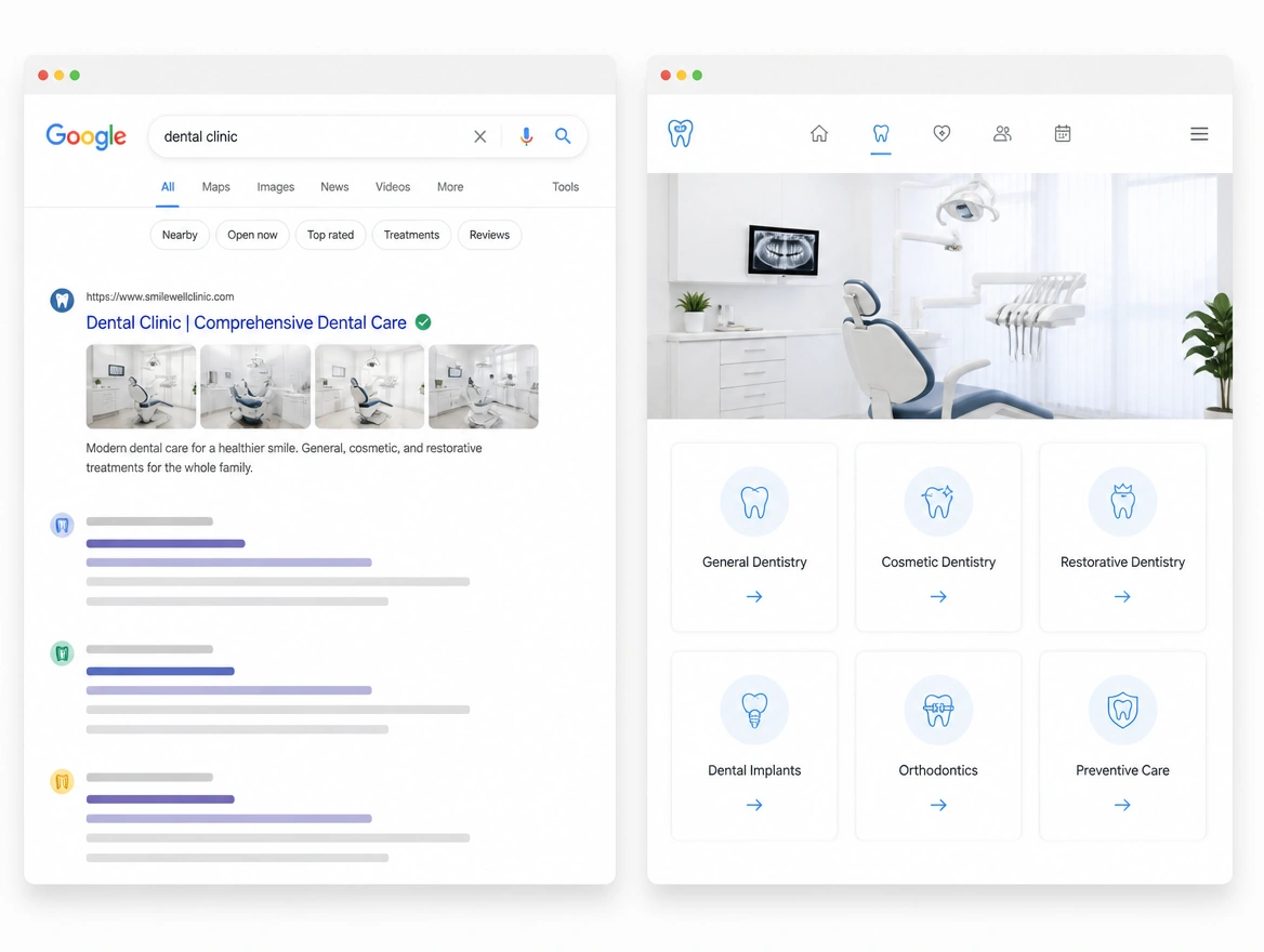 Website mockup showing search and seo