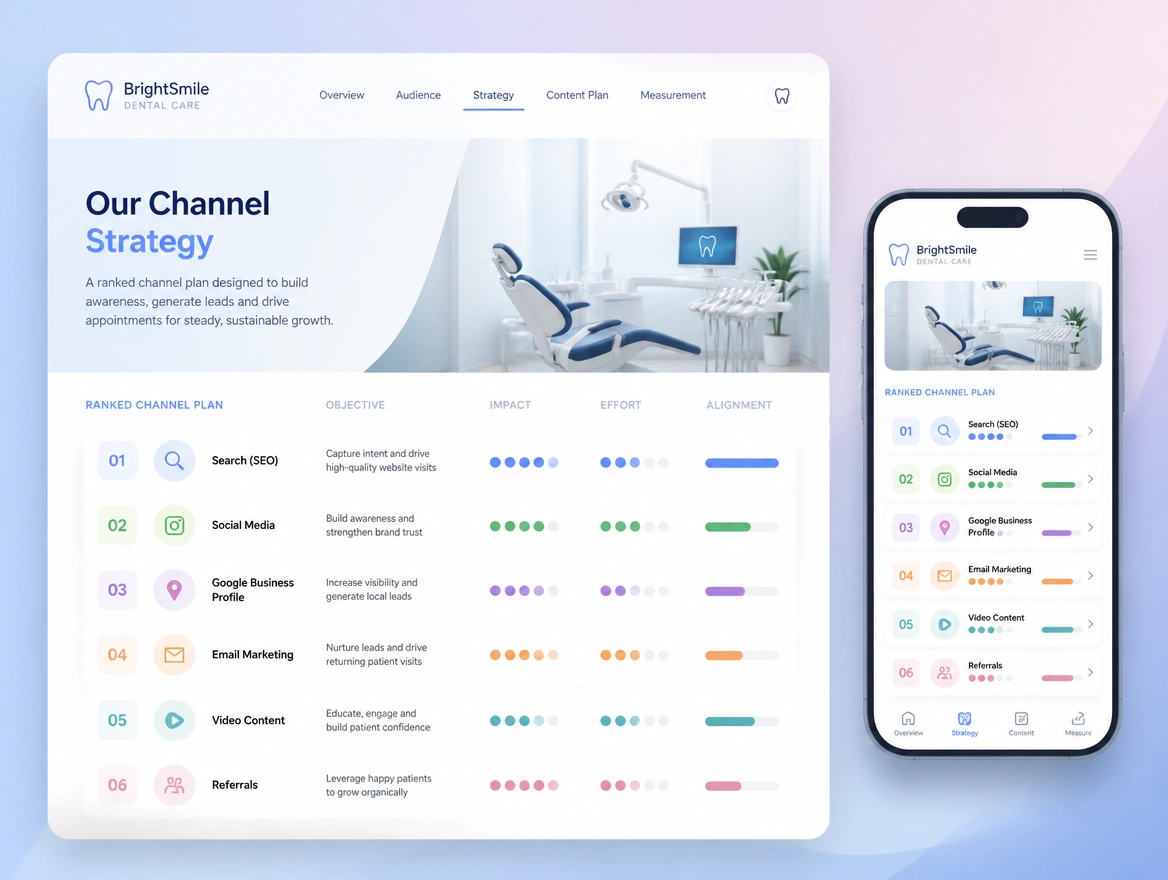 Website mockup showing strategy