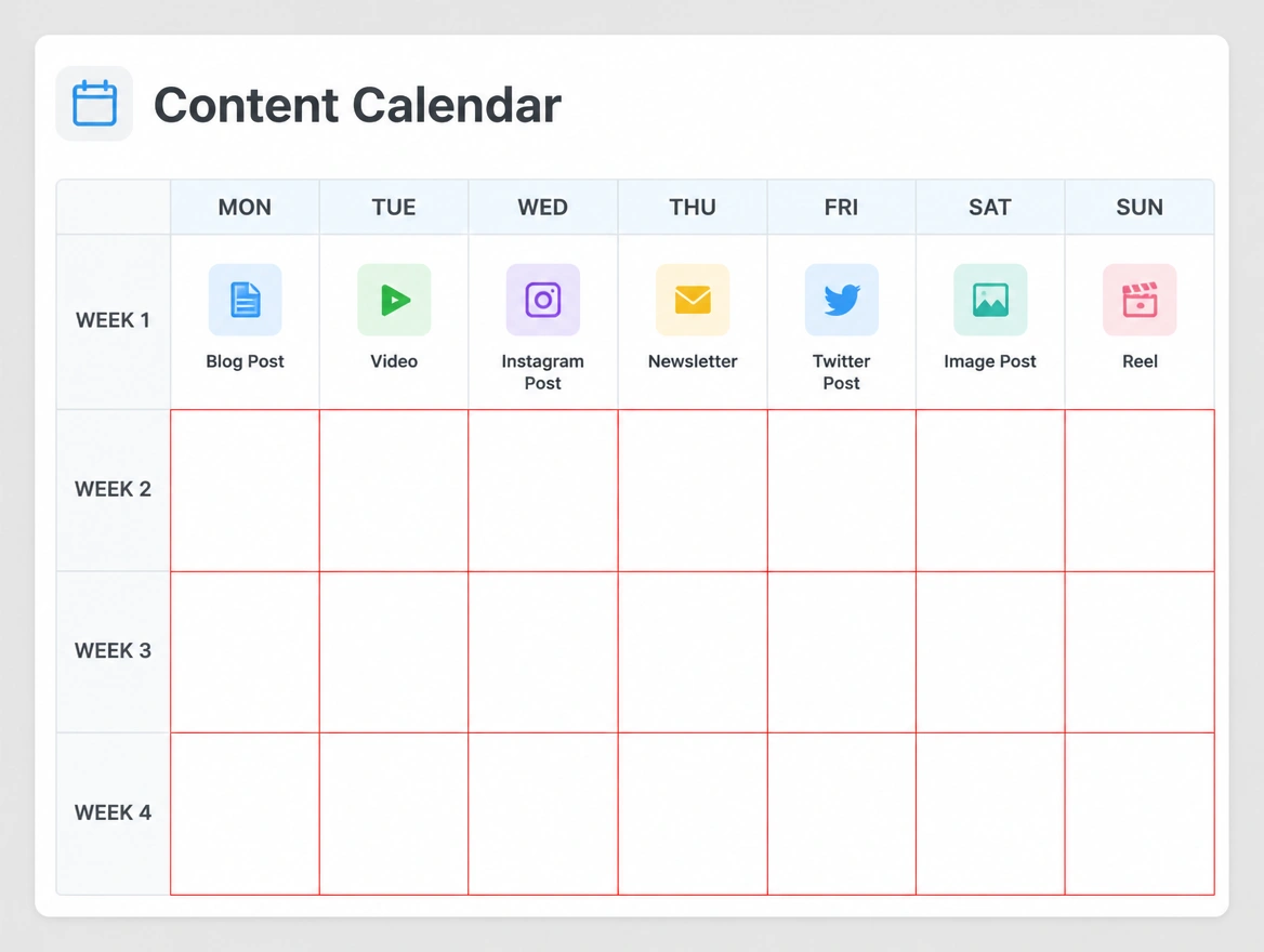 A content calendar full for one week and empty for the rest