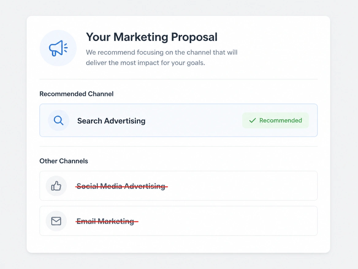 A proposal offering one marketing channel with the others struck out