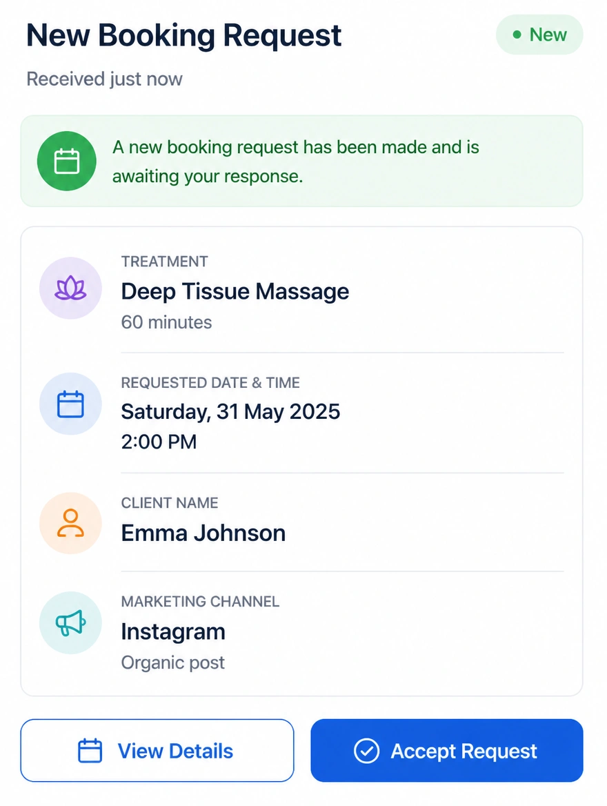 A phone showing a booking request arriving with the channel it came from