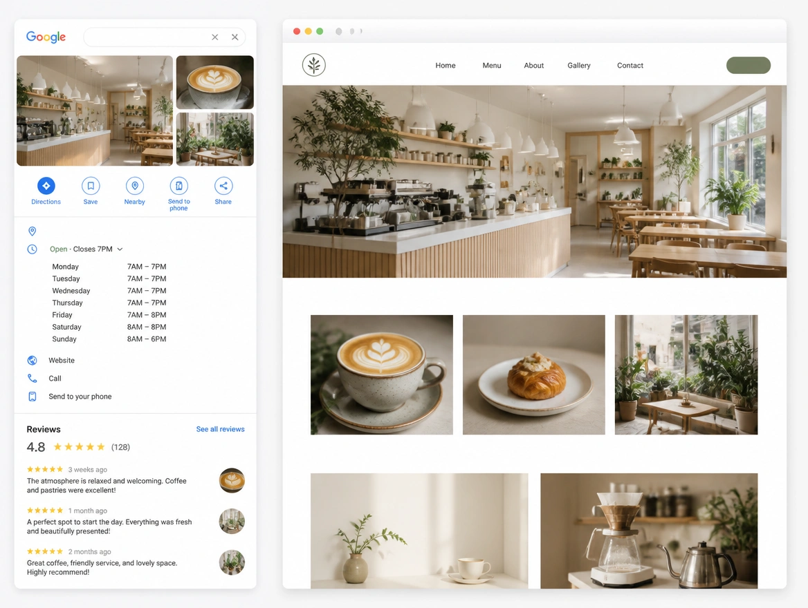 Website mockup showing search and local