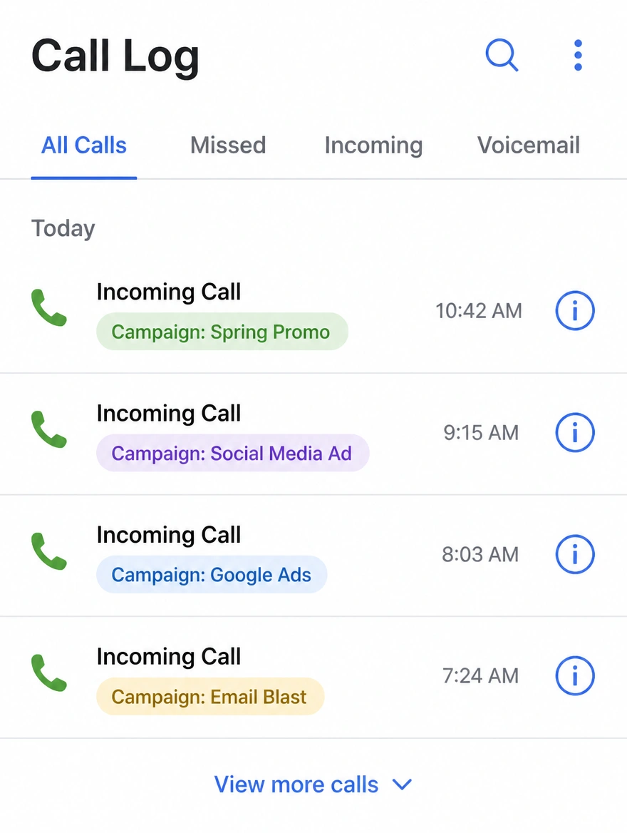 A phone showing incoming customer calls tagged with the campaign that produced each