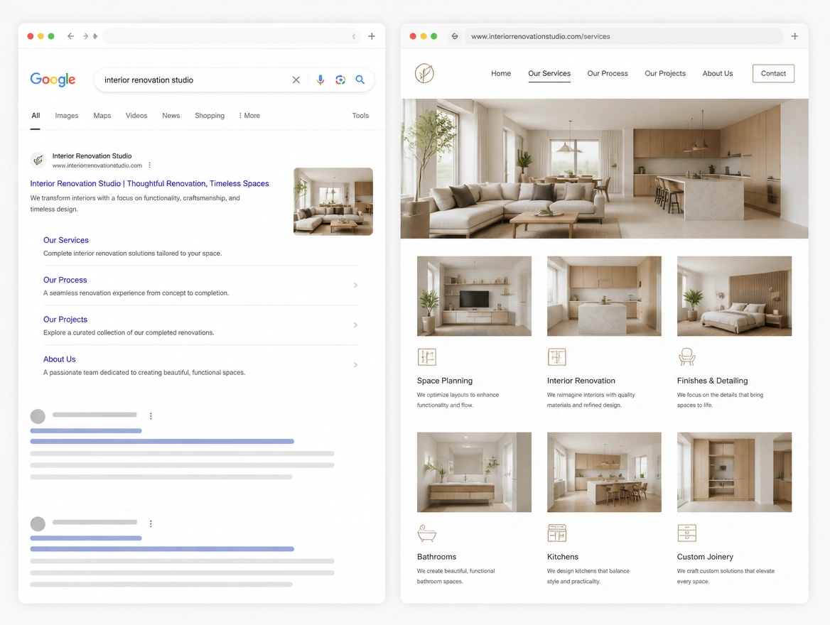 Website mockup showing search and local
