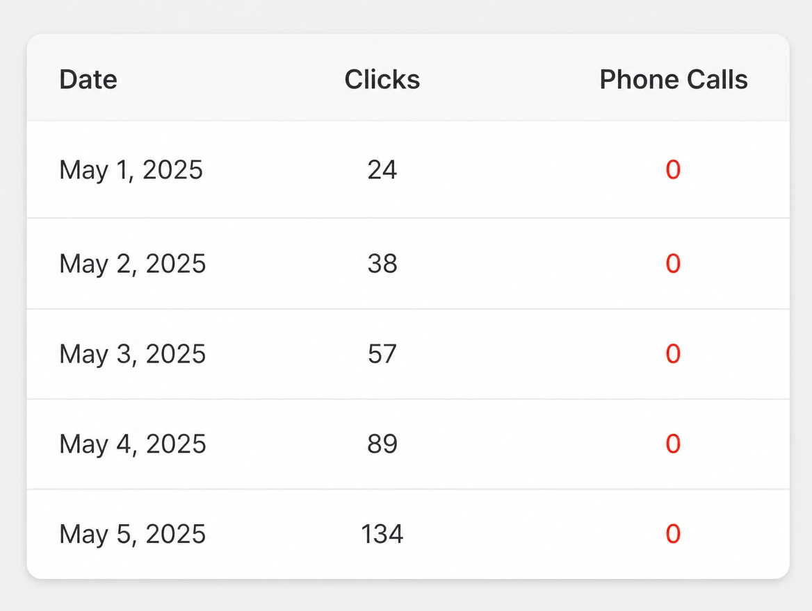 A report where clicks keep climbing while phone calls stay at zero