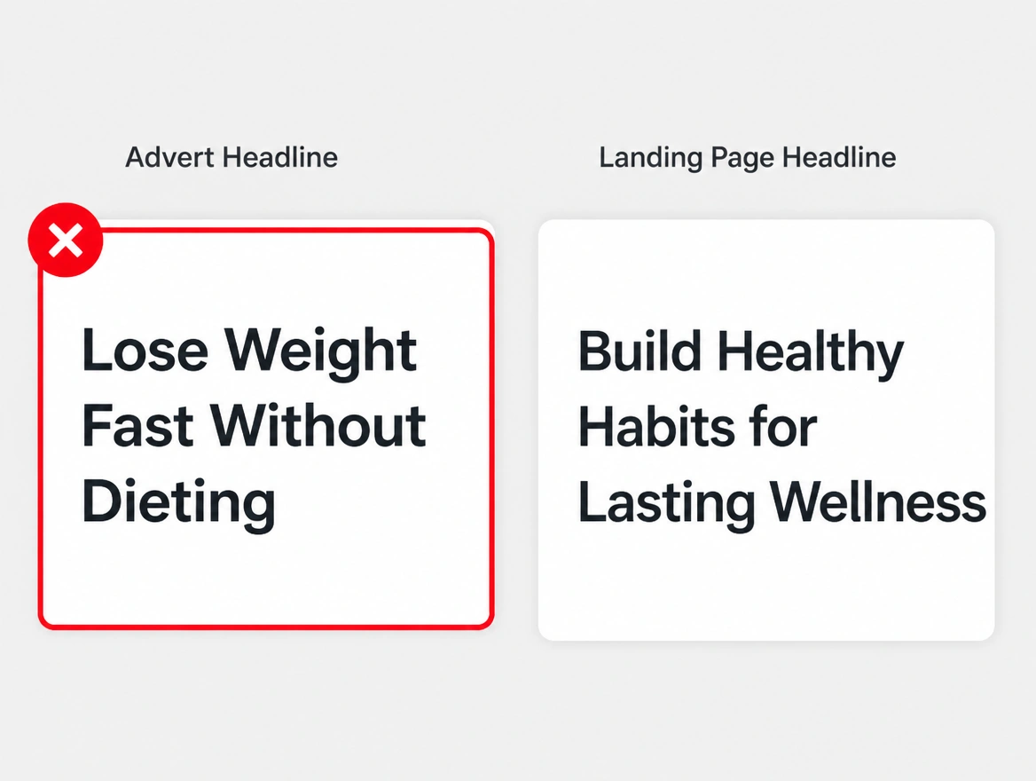 An advert headline beside a landing page headline that says something different
