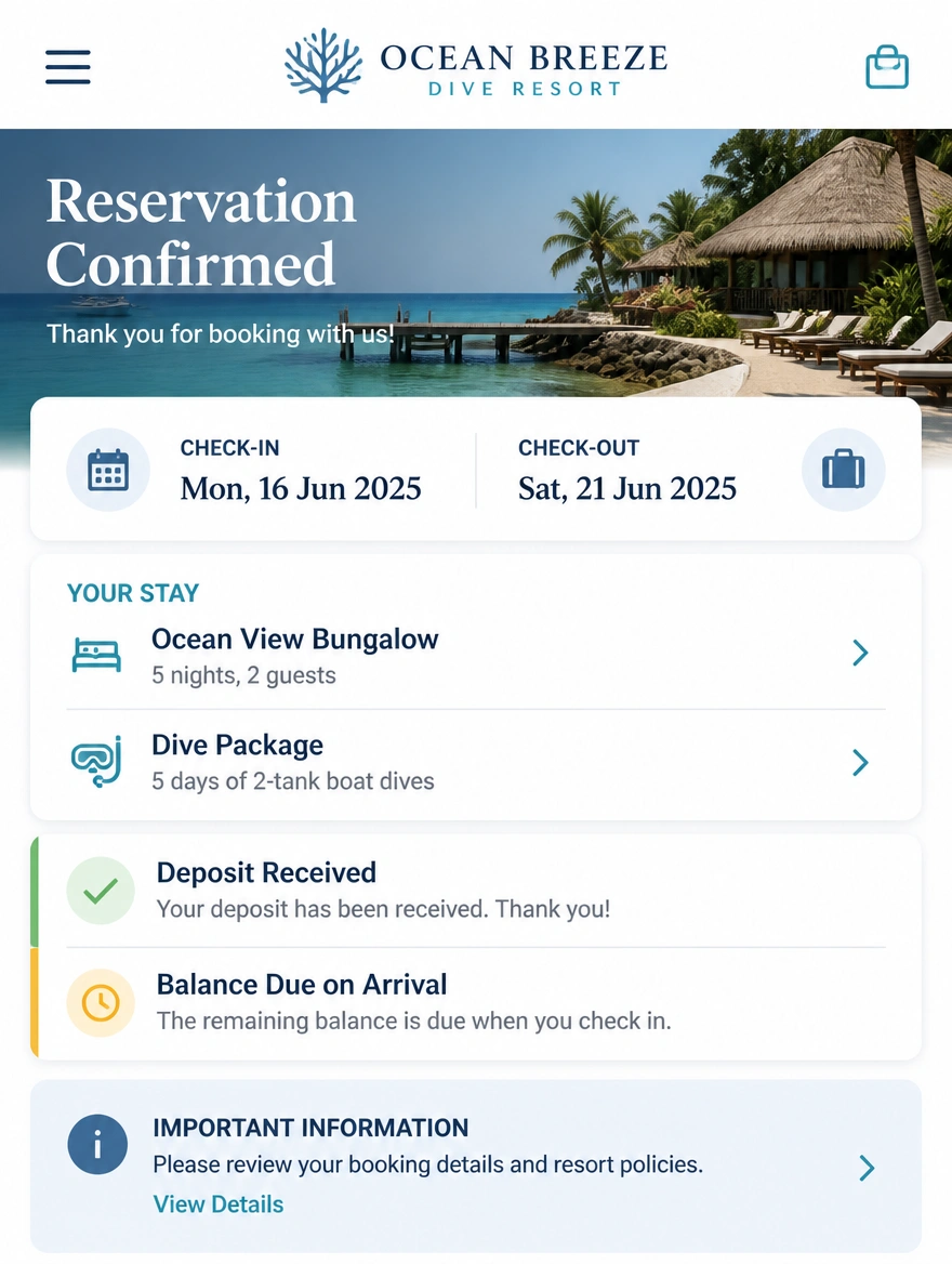 A phone showing a reservation held by a deposit with the balance due later
