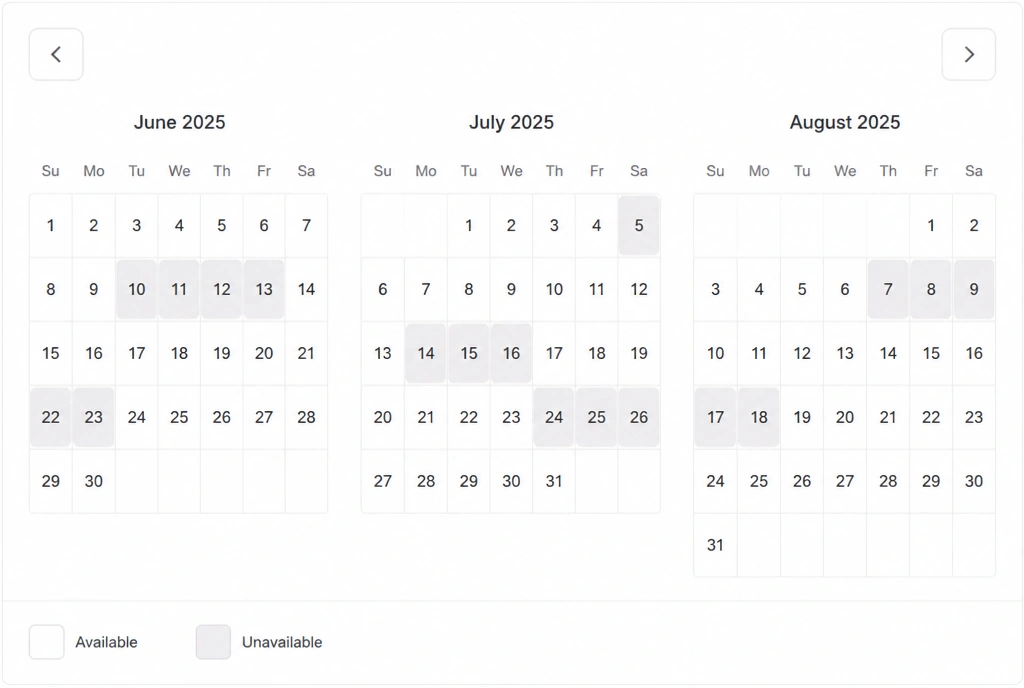 An availability calendar several months ahead with dates already reserved