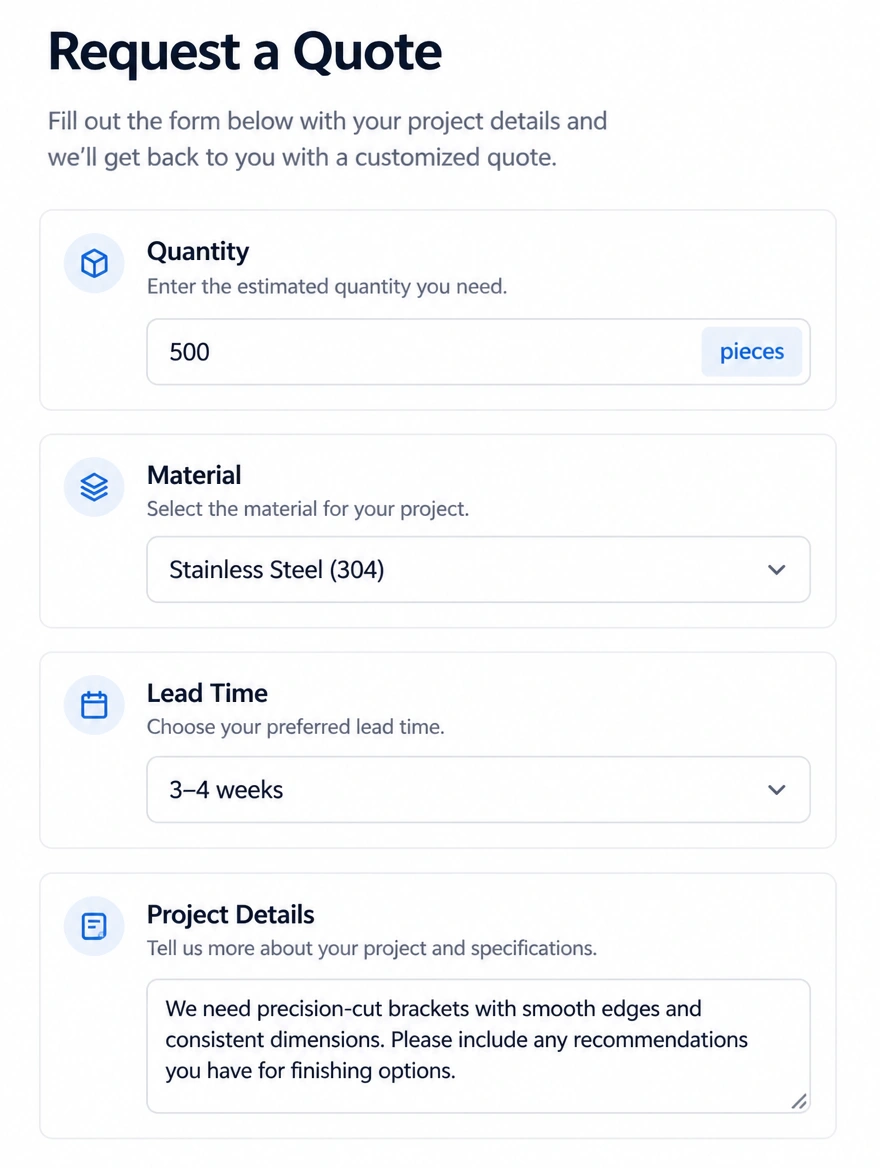 A phone showing a new quote request with quantity, material and lead time filled in