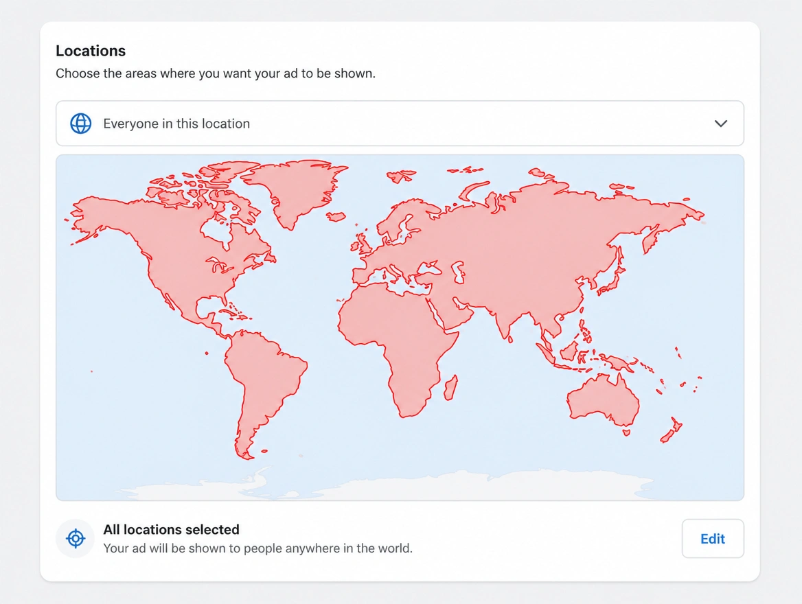 An advert targeting setting covering a huge area far beyond the delivery range