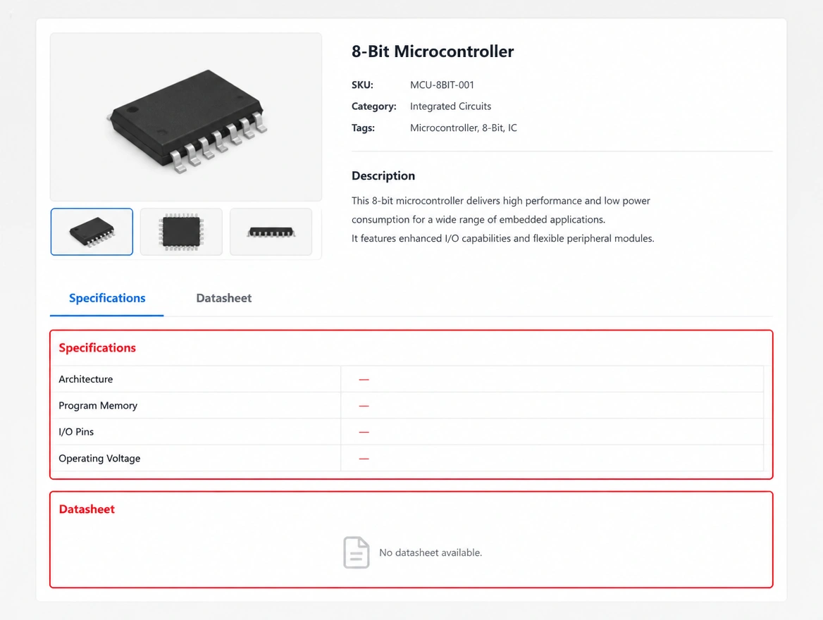 A product page with the specification and datasheet section empty