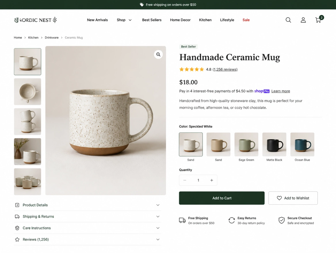 Online store product page with variants, reviews and an add to cart button