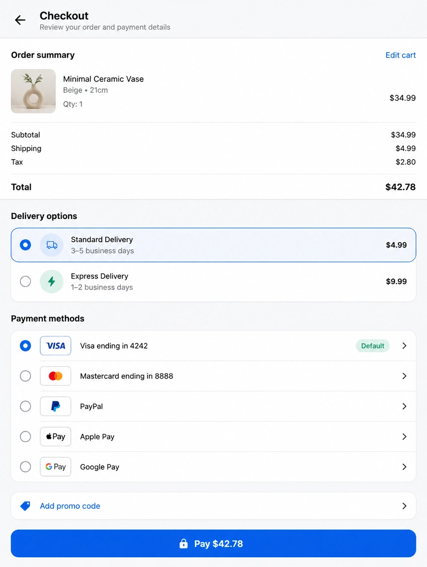 Mobile checkout screen with local payment options