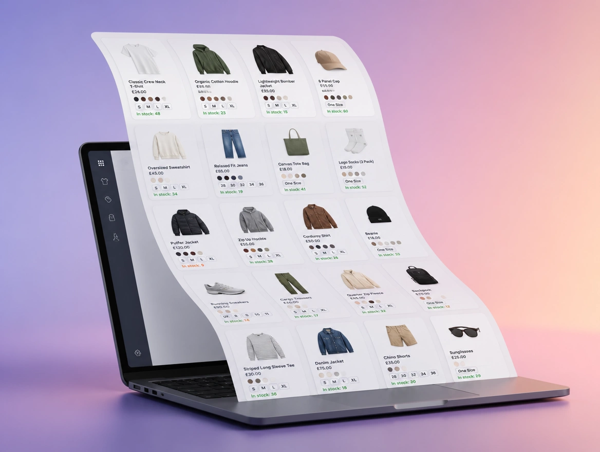 A long clothing catalogue curling out of a laptop, each item showing colour swatches, sizes and stock left