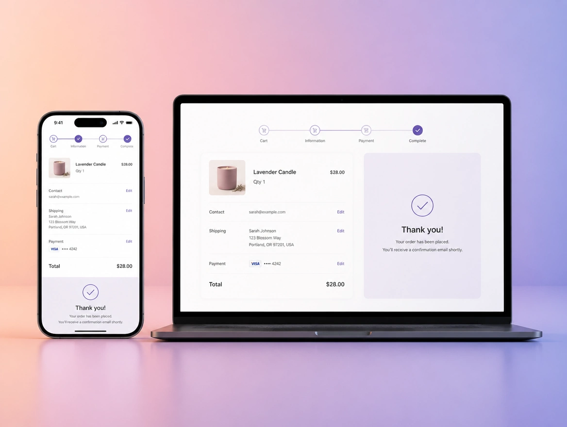 A four step checkout finished on a laptop and a phone, ending on a thank you confirmation panel