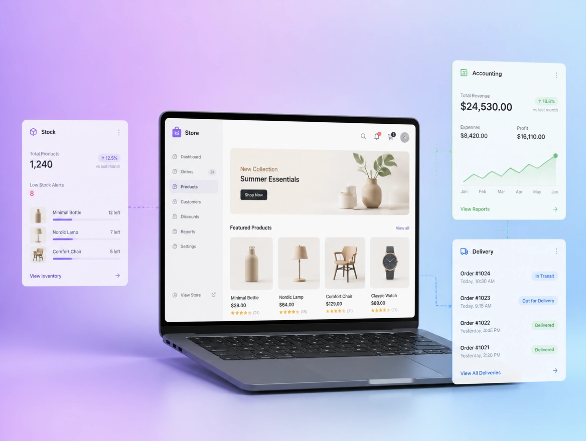 A store admin on a laptop with linked panels for stock levels, accounts and delivery statuses around it