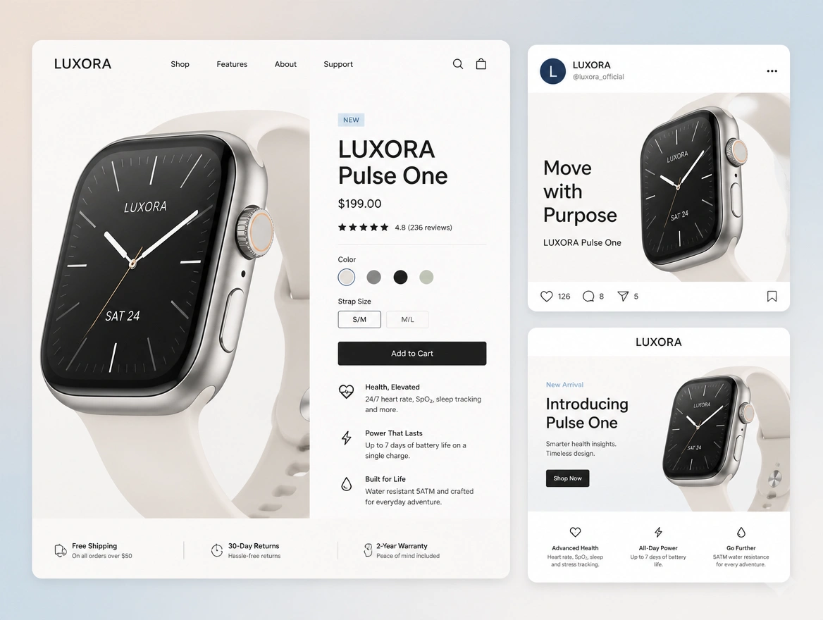A smartwatch product page beside a social post and a launch advert using the same photography