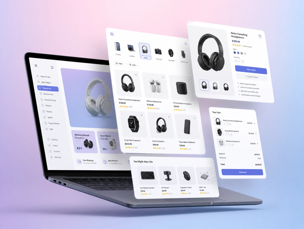 Layered screens of an electronics store, from a category grid to a product page, basket and suggestions
