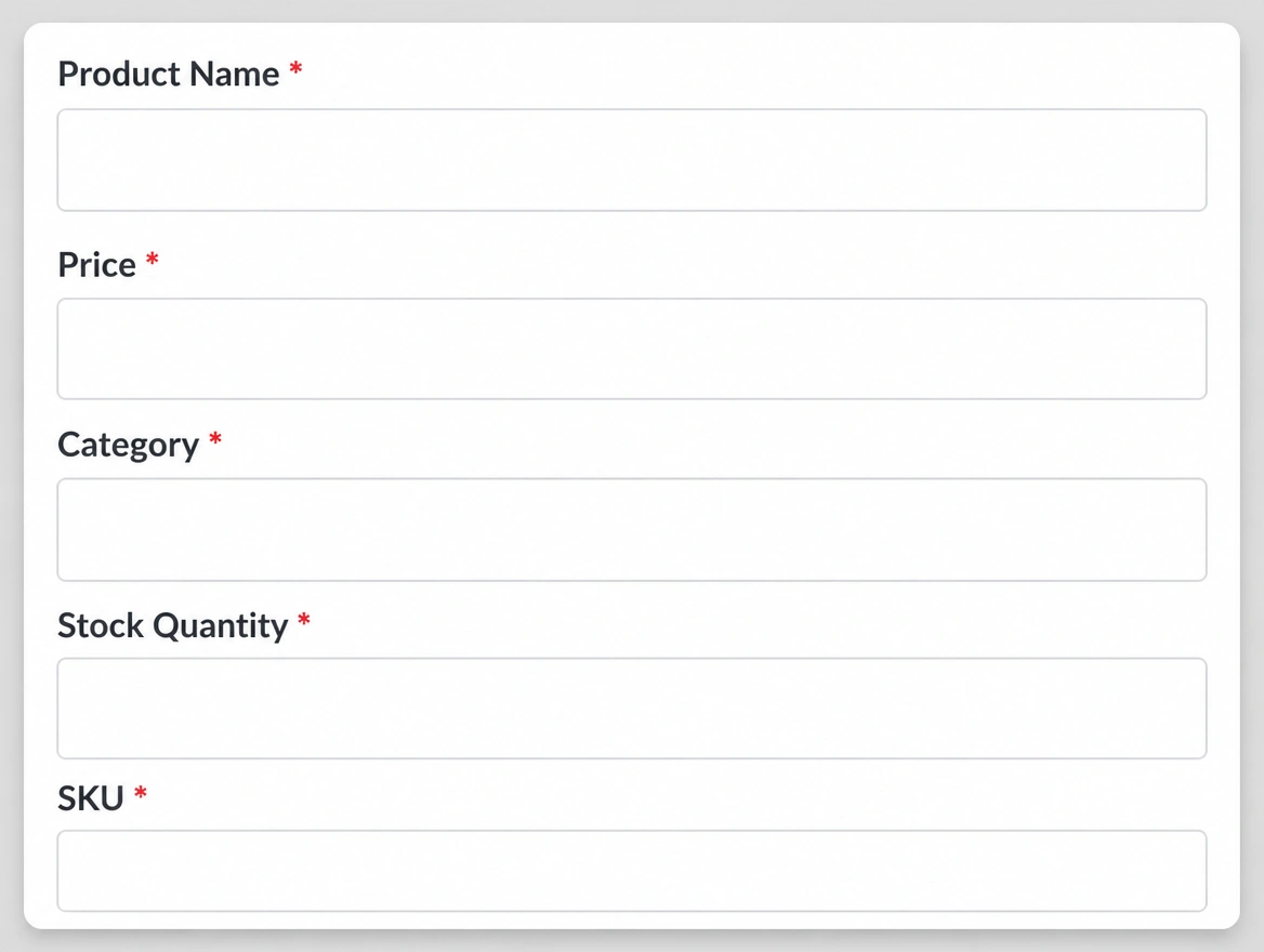 A cluttered product upload form with many required fields