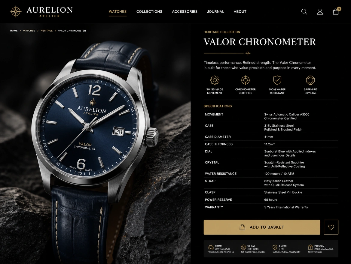 A luxury watch store product page with a large photograph and detailed specifications