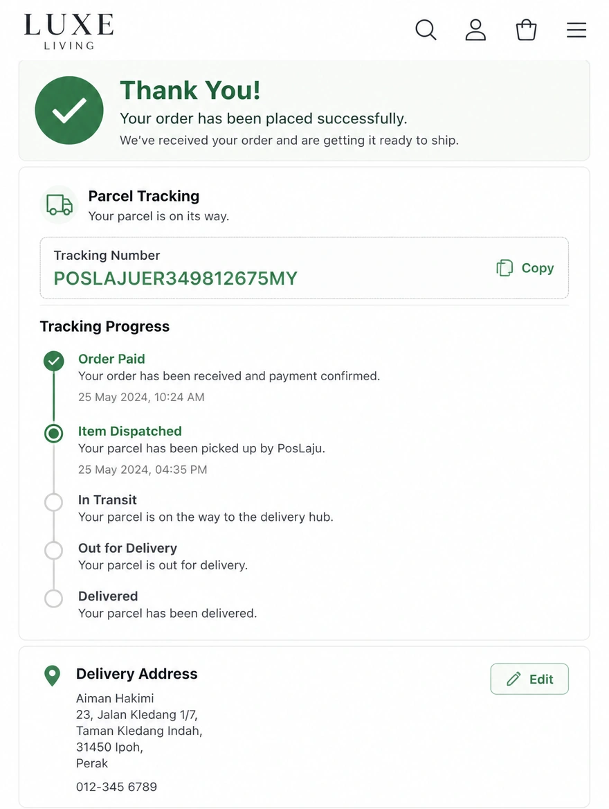 An order confirmation page with a parcel tracking number and an Ipoh delivery address
