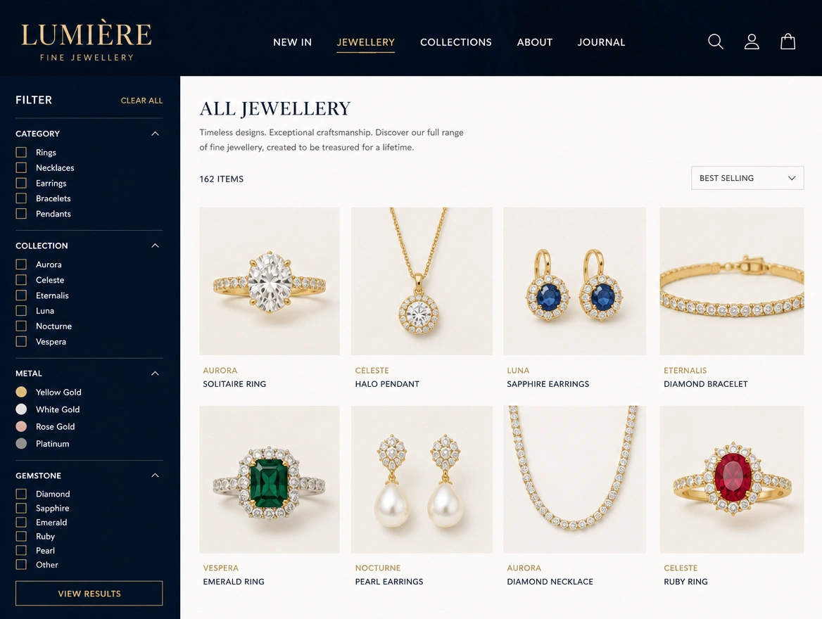 A fine jewellery store collection page with a filter panel and a grid of products