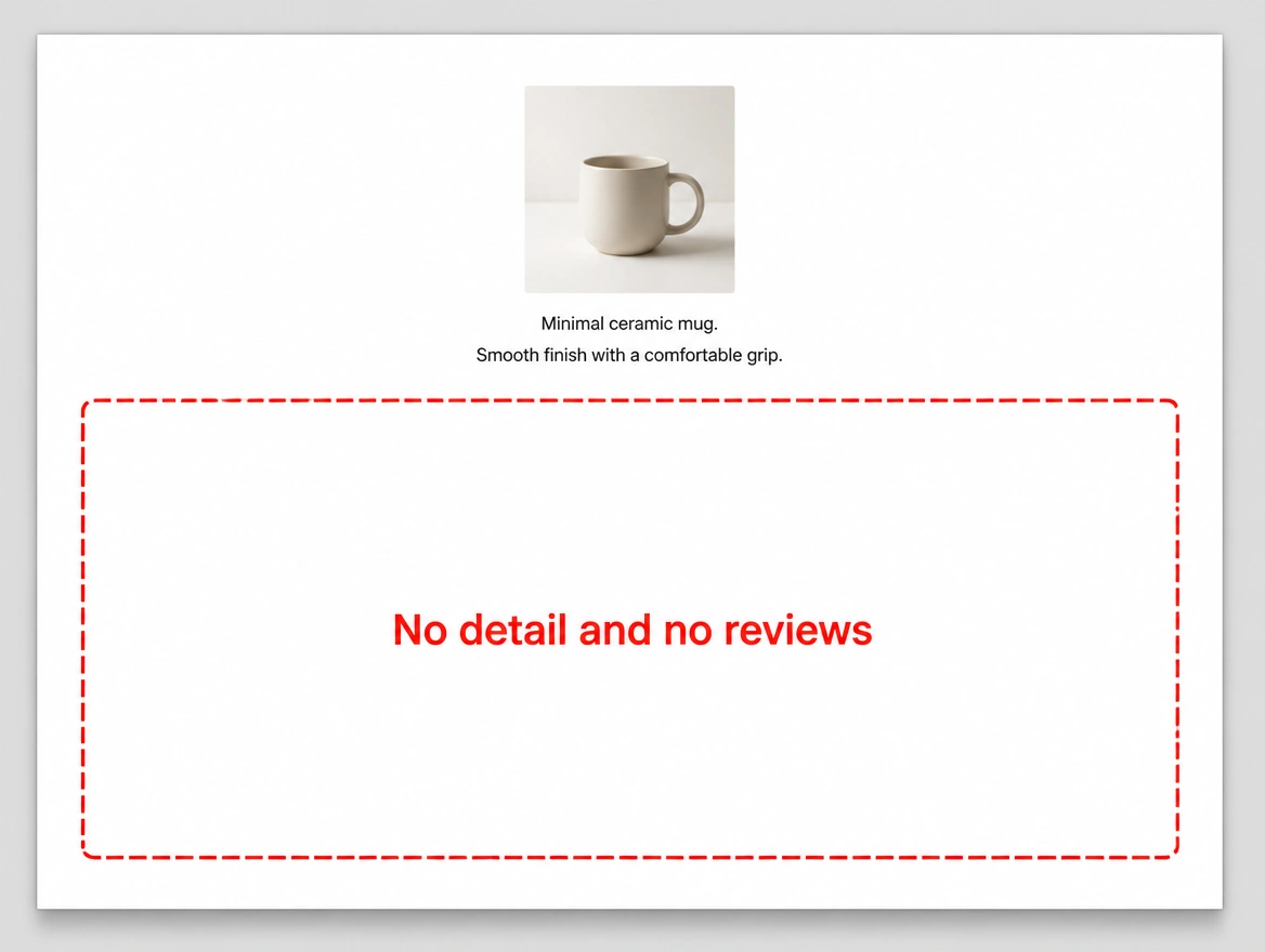 A bare product page with one small photograph and a red box marking the missing detail