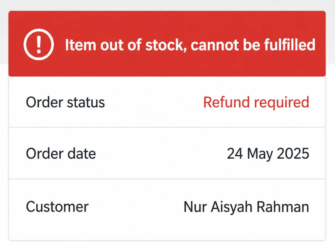 An order screen with a red banner reading item out of stock and a refund required pill